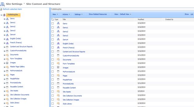 Site Content and Structure page